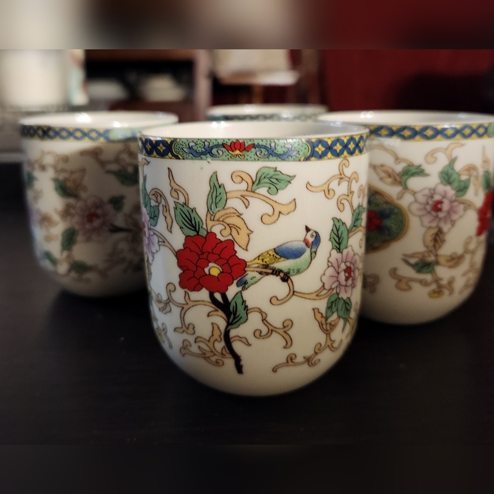 Vintage Porcelain Floral Blossom birds  tea cups set of 4 with markings